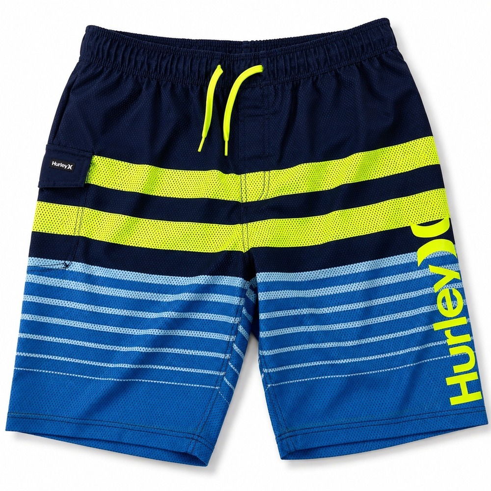 Hurley Board Shorts Boys 14/16 Navy Blue Neon Yellow Stripe Swim Trunks